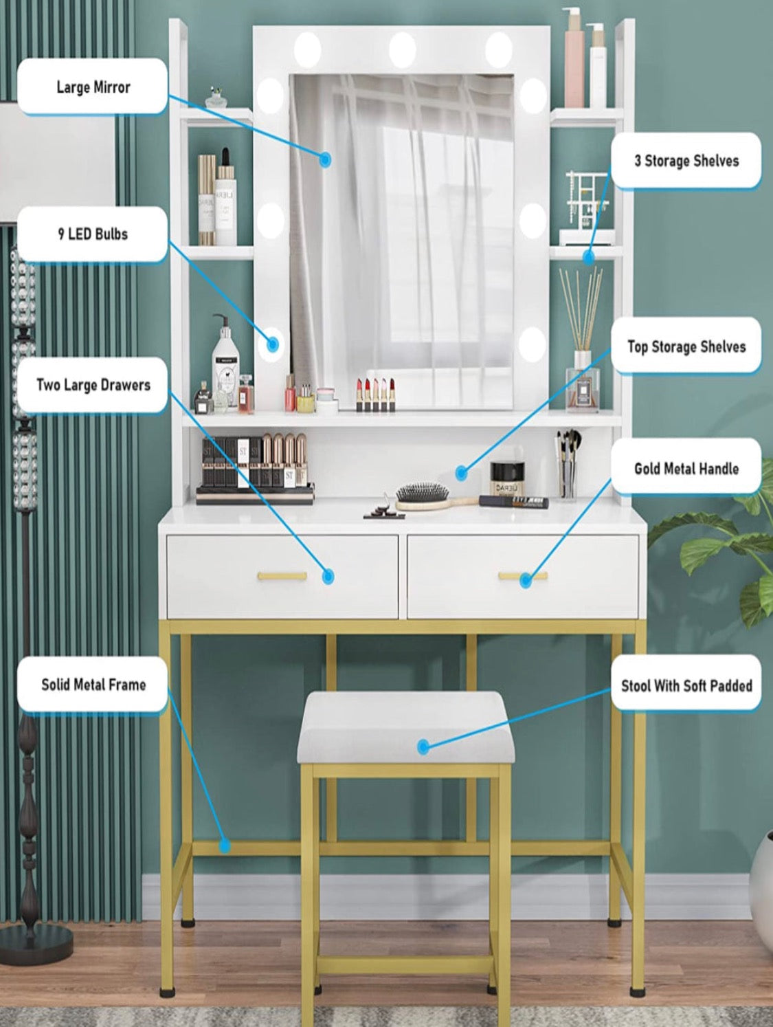 White Vanity Table with Lighted Mirror