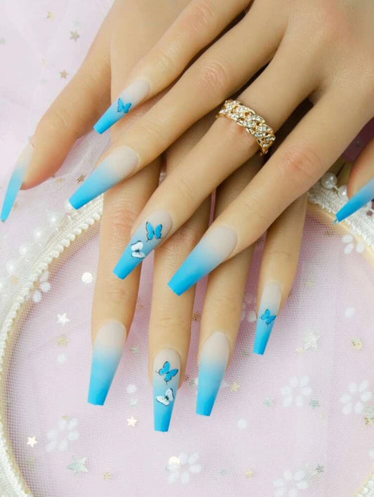 Blue Butterfly Ombré Nails